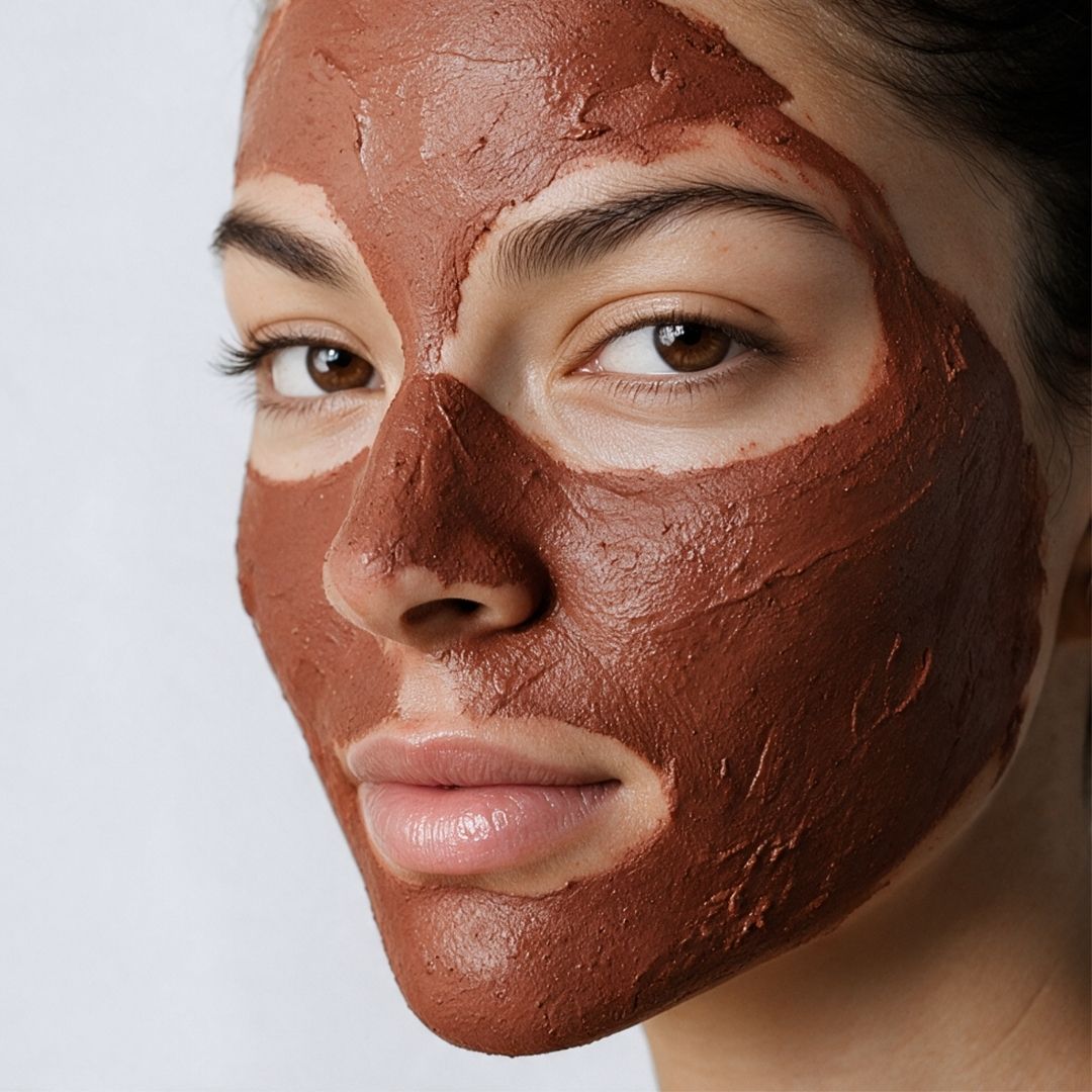 Model with red clay mask